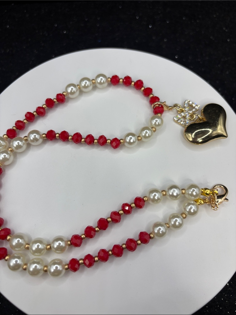 Pearl & Red Bead Necklace with Gold Heart Pendant - Picture 5 of 5
